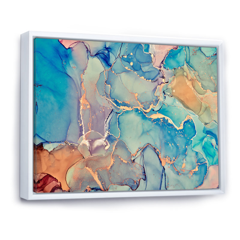Encre liquide bleue et orange, reproduction sur toile, H 30 po x l 40 po x P 1,5 po, Cadre flottant blanc