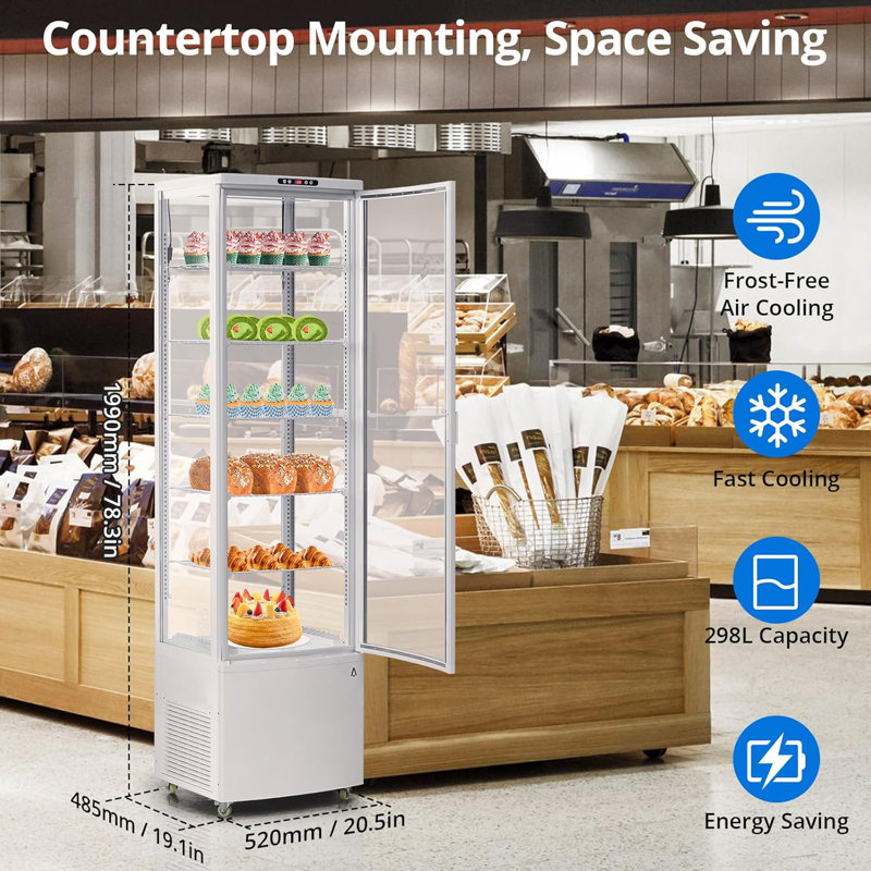 Refrigerated Display Case Commercial - 10.5 Cu. Ft. Display Refrigerator for Bakery, Interior LED Lighting, Air-Cooling Automatic Defrost, 5 Adjustable Shelves