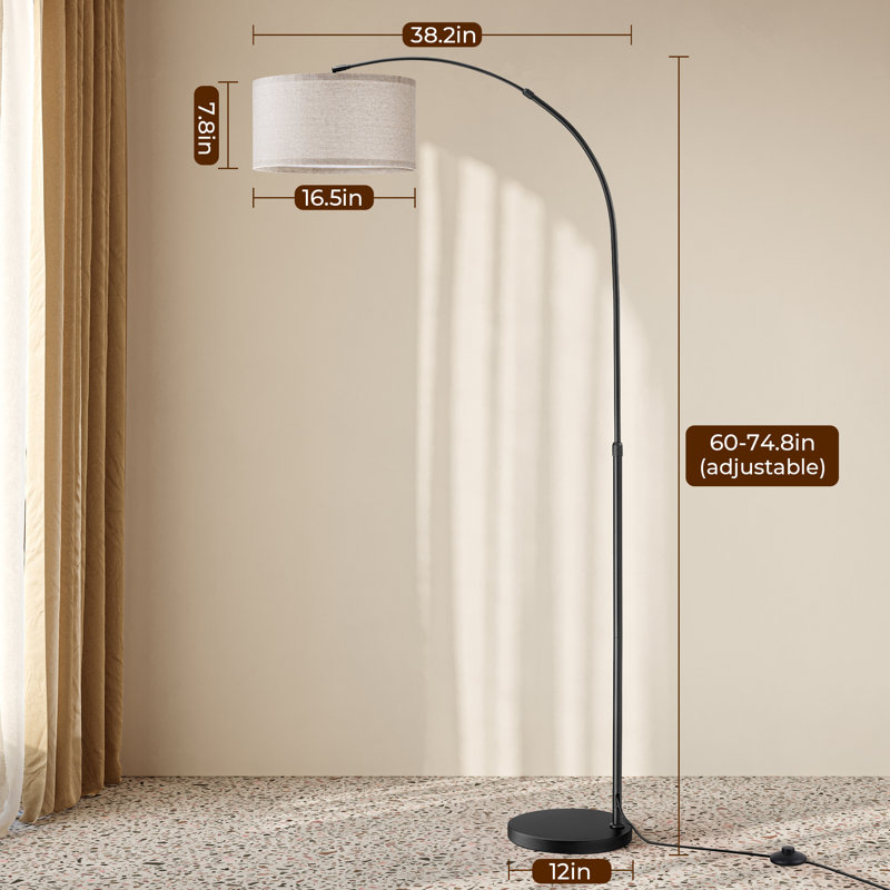 Lampe sur pied arquée moderne 74,8 pouces avec abat-jour tambour en lin simple, ampoule DEL 9 W incluse, grande lampe à arc pour salon, coin lecture, chambre à coucher