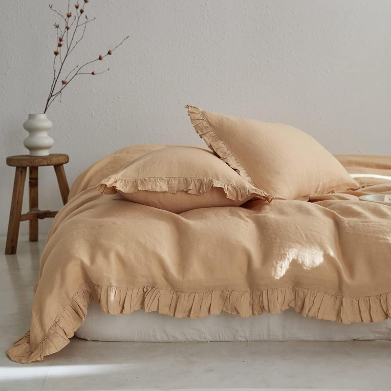 100% Linen Euro Sham Covers With Ruffle, 2Pcs Pillow Covers 26X26 Inches, Sand