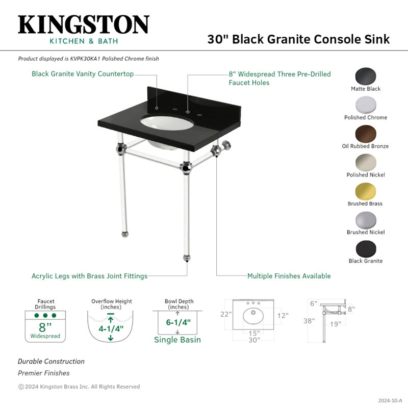 Kingston Brass Templeton 30-Inch Black Granite Console Sink with Acrylic Legs (8-Inch, 3-Hole)