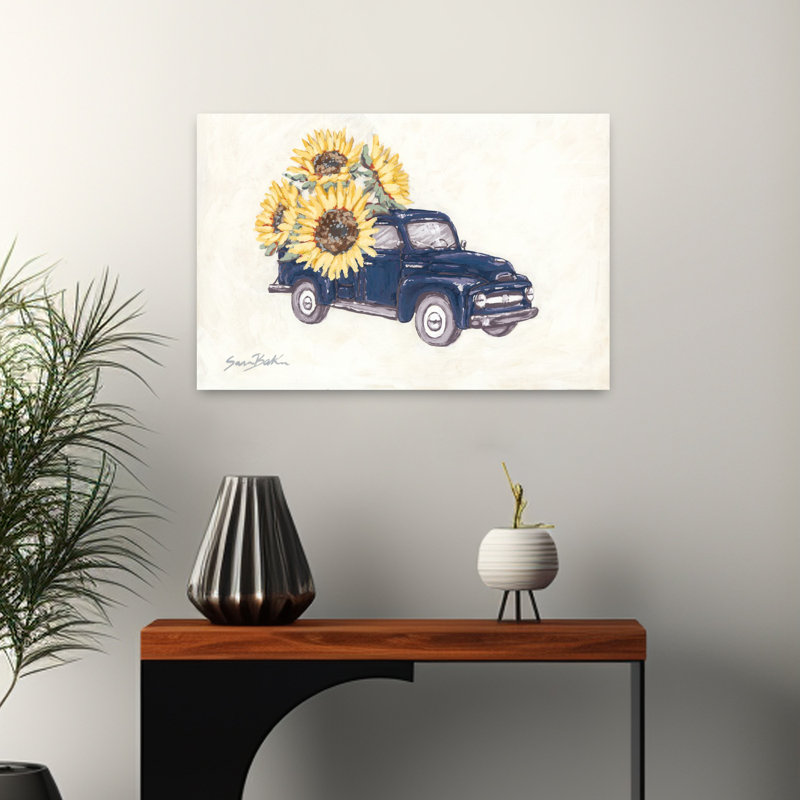 Tournesol, camion de ferme, fantaisiste, contemporain, tournesol, paysage, art naturel, H 16 po x l 24 po