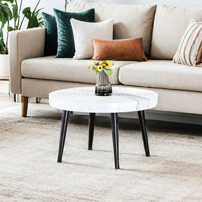 Superbe table d'appoint à motif de marbre blanc, 23,6 po de diamètre, plateau de table, base en métal noir, plateau en stratifié moulé par aspiration de 23,6 po, matériau, avec stabilité, rayure
