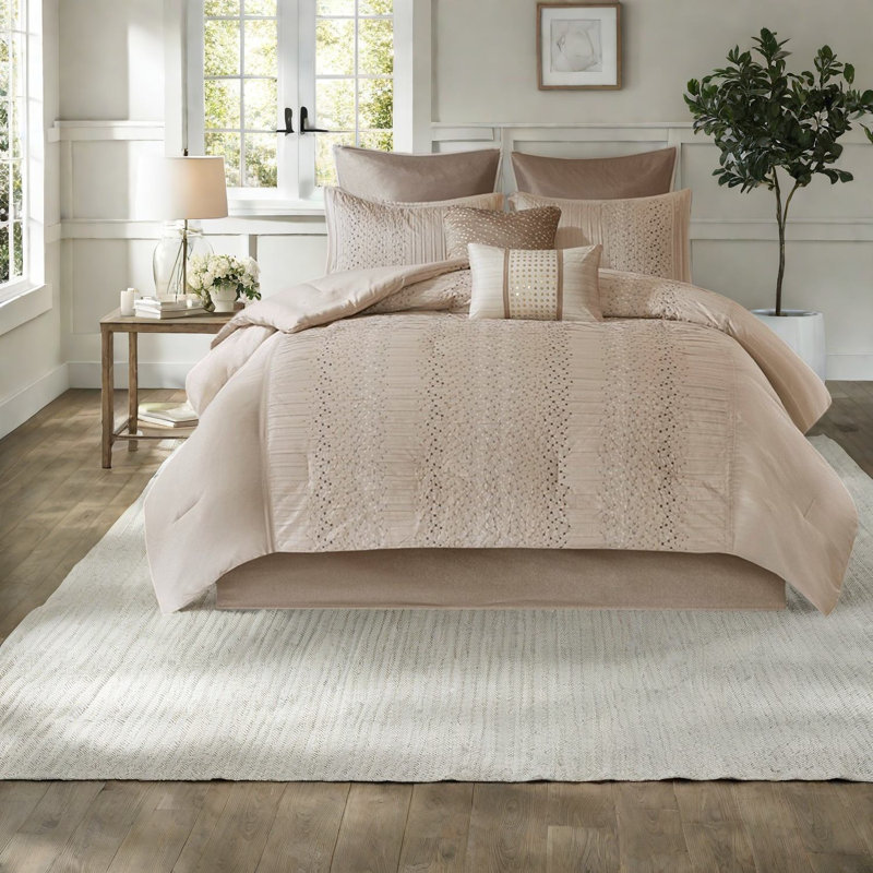 Luxurious Bedding Sets With Beige Faux Silk, Embroidered Texture For Home
