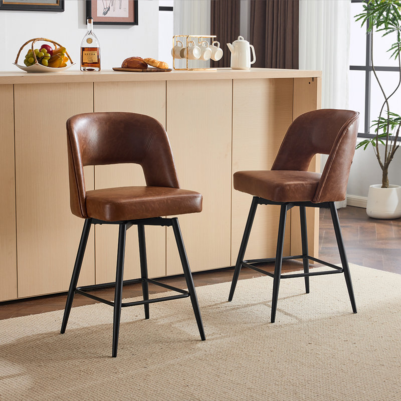 Ensemble de 2 tabourets de bar en cuir PU avec dossier creux, pieds en fer, pivotant, Brun