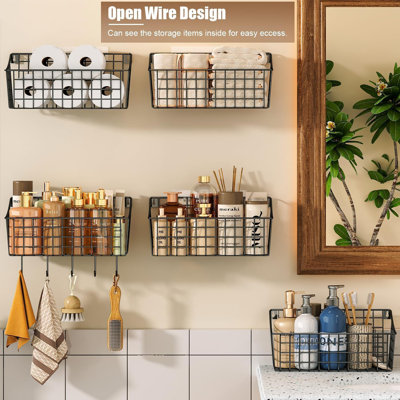 4 Pack Hanging Wall Basket for Organizing, Large Wire Basket for Storage Pantry with 5 S Hook+4 Adhesive Hook, Wall Mounted Shelf for Kitchen Bathroom