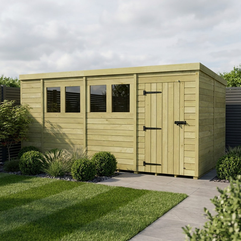 Total Sheds 15ft x 8ft Pent Garden Shed - Single Door - With Windows - Pressure Treated Timber - UK Manufactured