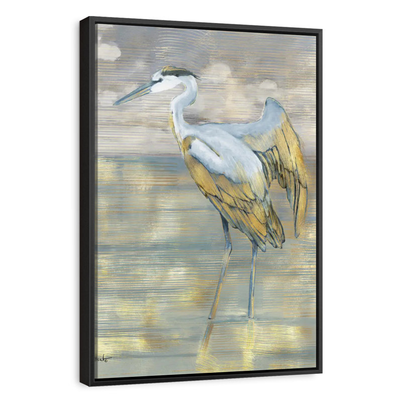 Héron bleu doré, Cadre flottant noir, 17 po x 25 po