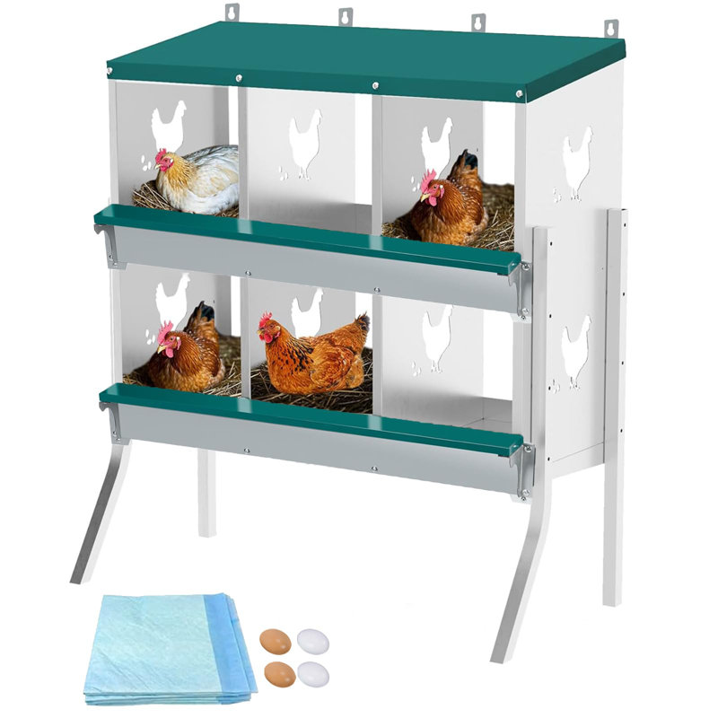 Boîte de nidification de poulet en acier galvanisé à 6 compartiments, grande boîte de nid de poule avec faux œufs et nichoirs souples, fixation murale autoportante pour poulailler