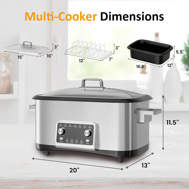 Mijoteuse électrique 8-QT 12-en-1 et multi-cuiseur avec marmite antiadhésive et couvercle en verre