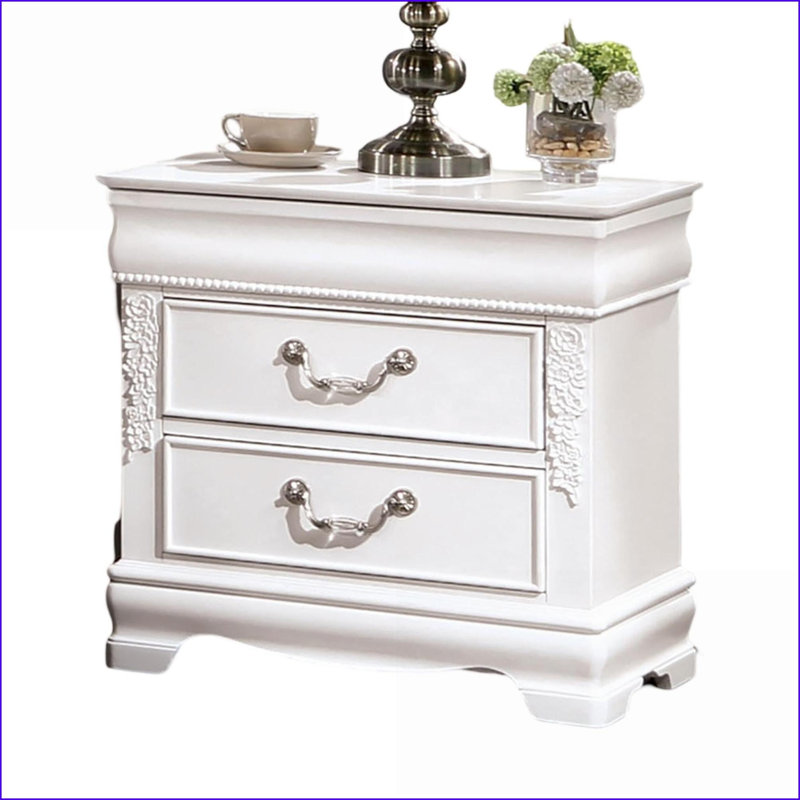 Table de chevet 2 tiroirs blanche en bois massif avec poignées en nickel