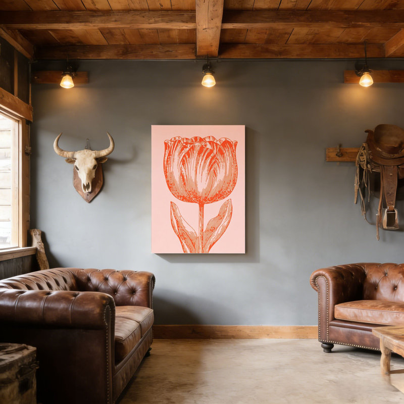 Tulipe rose et orange, cadre en bois à l'arrière intégré, l 20 x L 30