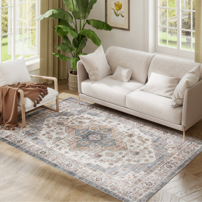 Tapis lavable à la machine rétro, tapis antidérapant pour salon, chambre à coucher, salle à manger, bureau personnel, brun et bleu clair