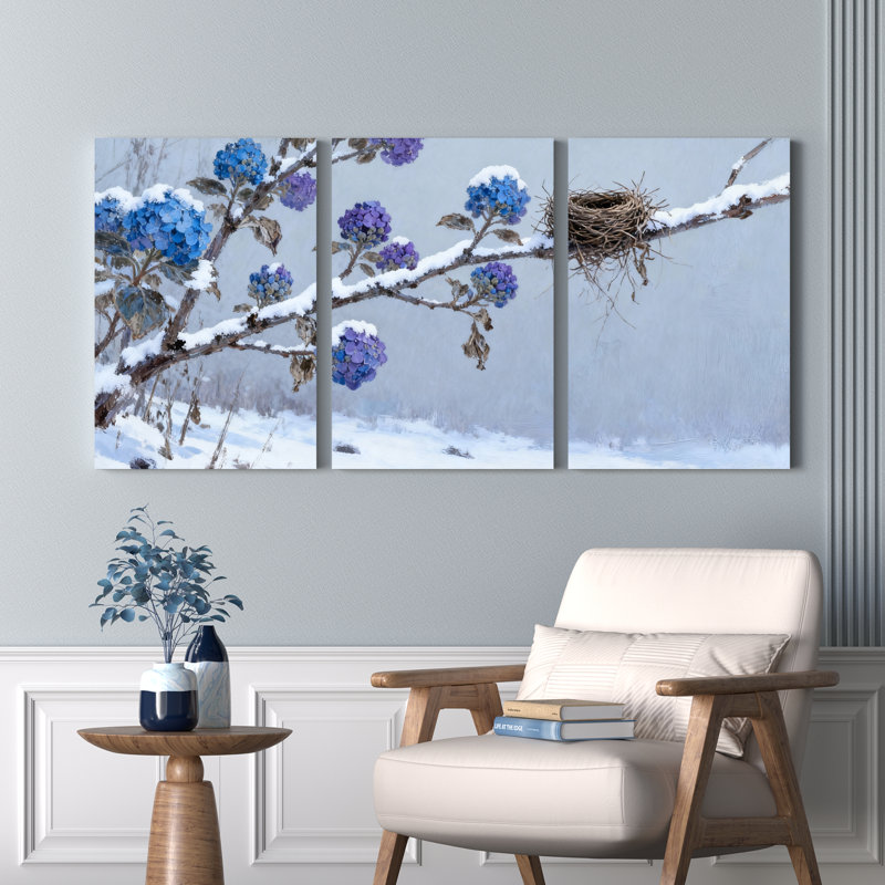 Winter Hydrangea and Bird Nest Canvas Wrapped Wall Art, Oil Painting Print (Set of 3), 36" H x 72" W