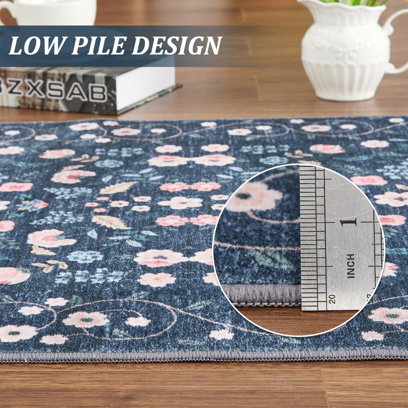 Washable Floral Area Rug - Thin Low Pile Carpet for Living Room, Dining Room, Bedroom, Office - Runner Style, Beige - Durable, Easy Care, Soft Underfoot
