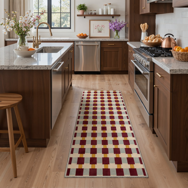 Basketweave Modern Machine Washable Beige / Yellow / Red Indoor Area Rug with Non-Slip Backing, Runner 2' x 7'