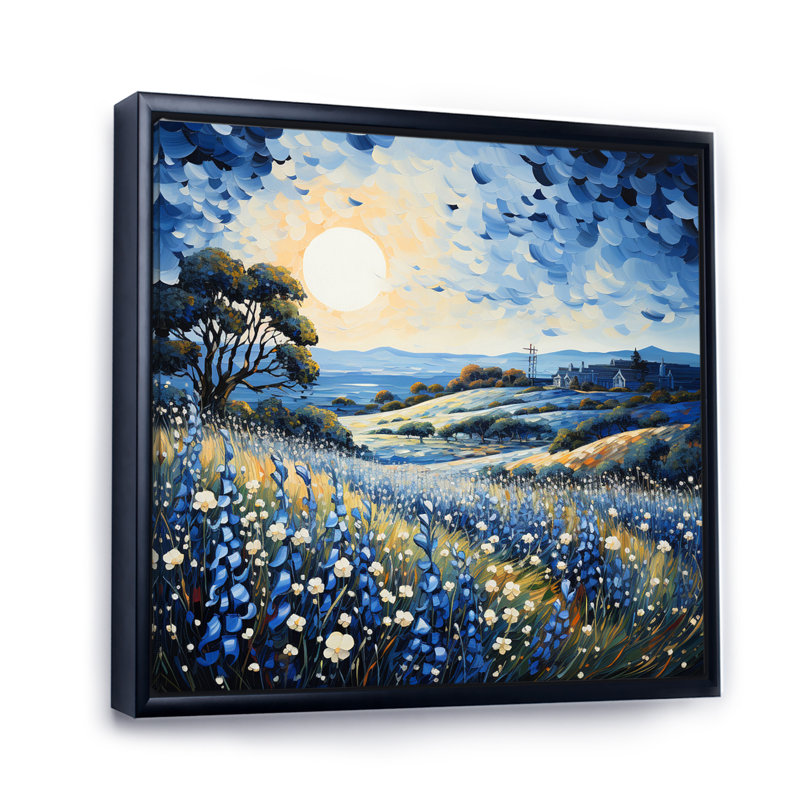Blue Bonnets Field Pointillism I, H 16 po x l 16 po x P 1 po, Cadre flottant noir