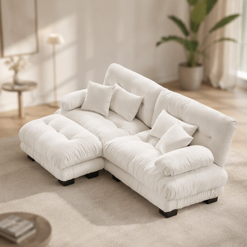 Canapé de coin confortable en chenille pour le salon, avec coussins supplémentaires et pouf convertible