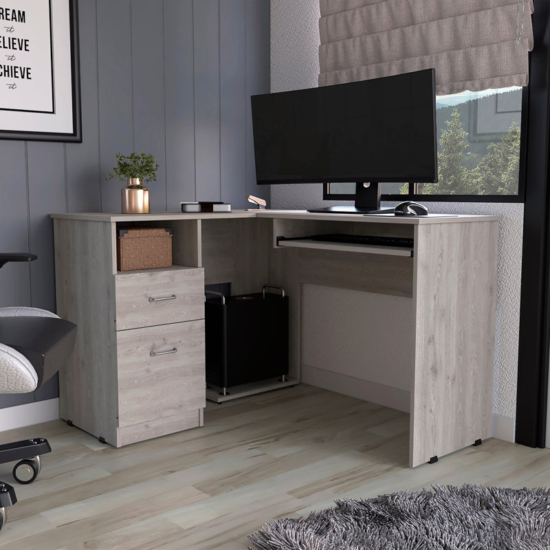 2-Drawer 1-Shelf L-Shaped Computer Desk, Gray