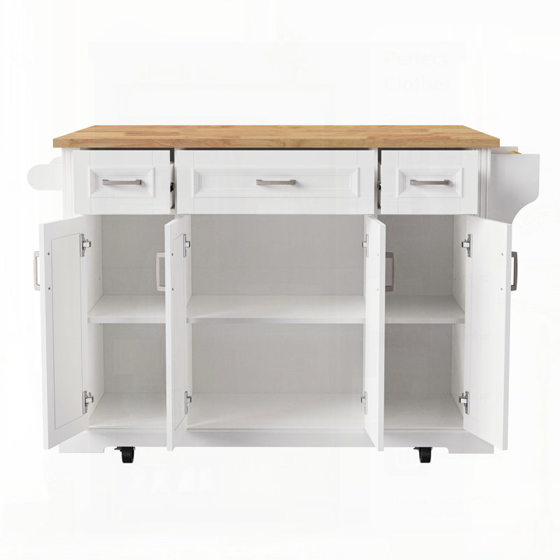 Spacious Rubber Wood Kitchen Island With Drop Leaf, Rolling Cart On Wheels, Ample Storage For Modern Kitchens And Dining Areas.