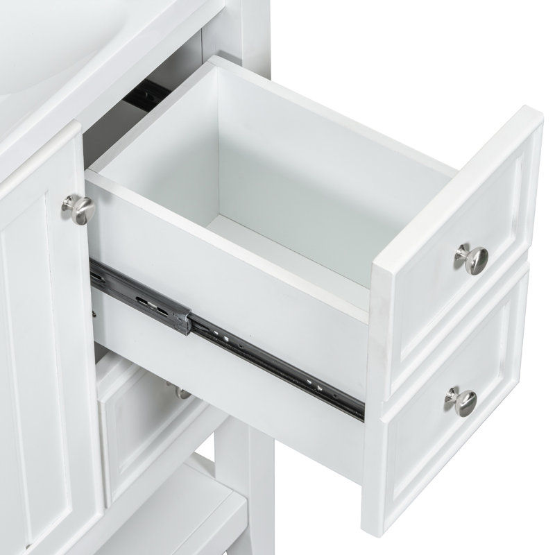 Meuble-lavabo blanc de 36 po, lavabo en céramique et peuplier / bois d'hévéa massif, une armoire, trois tiroirs, finition peinte, emplacement de lavabo encastré au centre, tablette réglable à rebord plat de 36 po, fixation pour robinet de 4 po