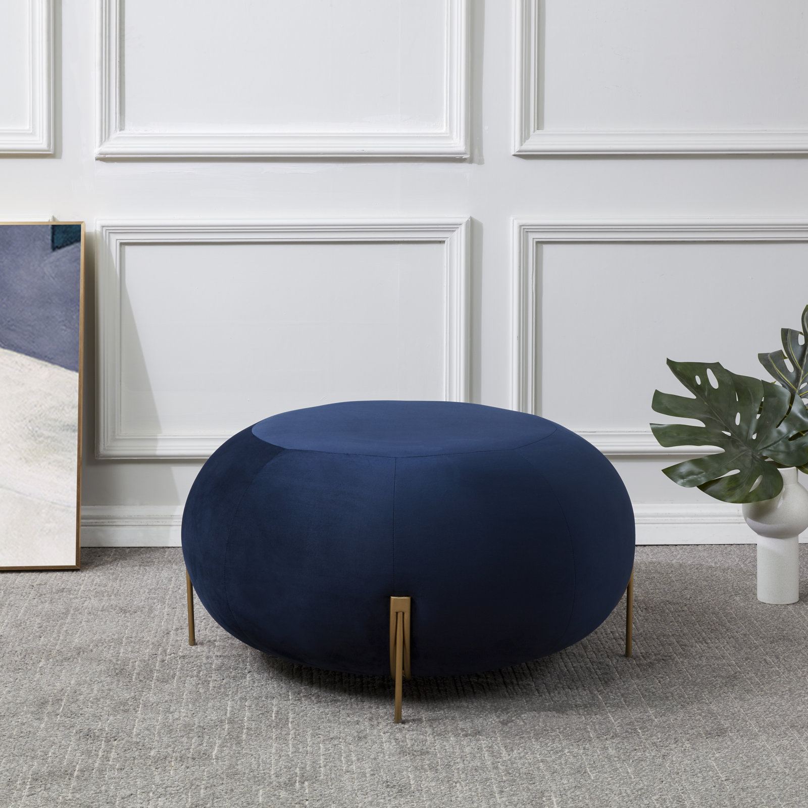Lieze 35" Ottoman, Navy Velvet, Gold