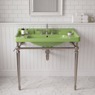 Meuble-lavabo mural 36 po en céramique verte avec pieds en acier inoxydable chromé et barre à serviettes