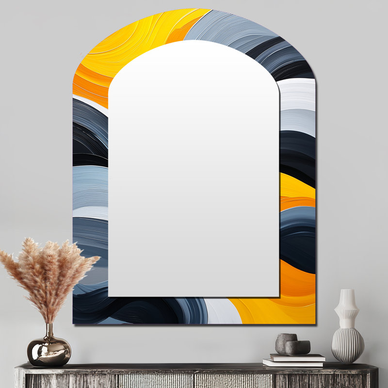 Bleu et jaune océan vapeur lignes III - miroir mural minimaliste arche, miroir décoratif asymétrique moderne, art imprimé en métal