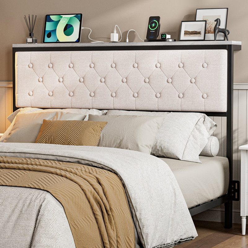 Tête de lit avec rangement et station de charge, tête de lit rembourrée avec adaptateur pour supports de cadre de lit, conception capitonnée, assemblage facile