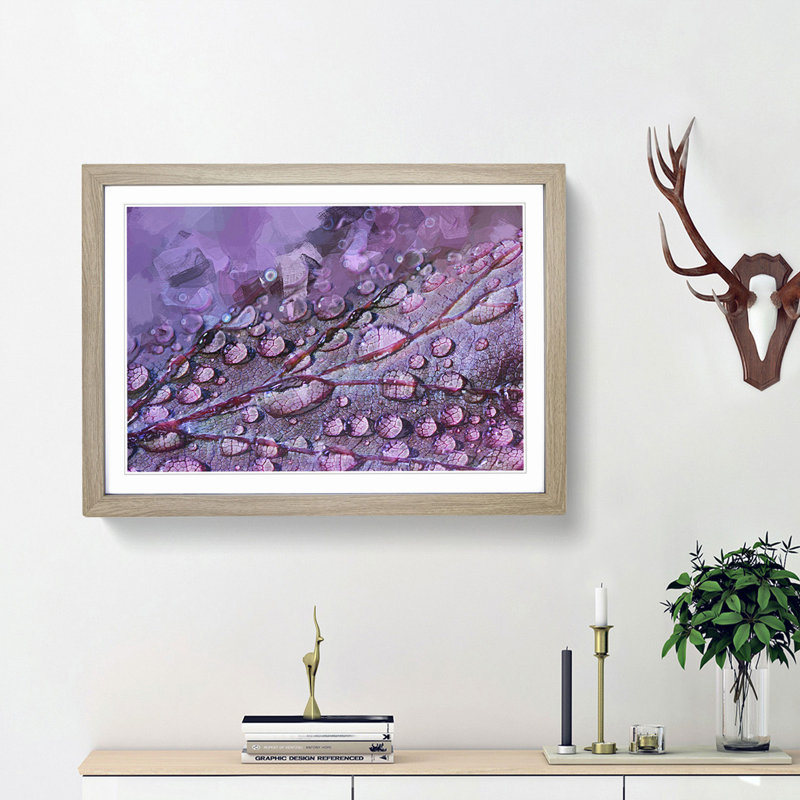 Dewdrops upon a Lilac Leaf in Abstract - Picture Frame Graphic Art Print, 36cm H x 48cm W x 2cm D, Oak Framed