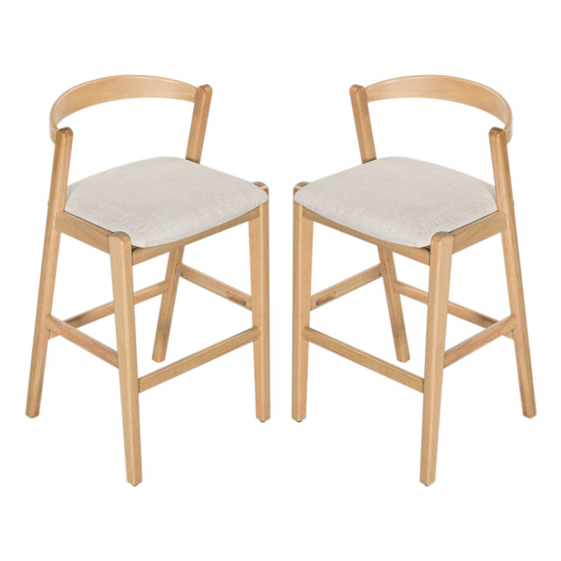 Rubberwood Barstool, Natural Finished and Beige Upholstery, Gray