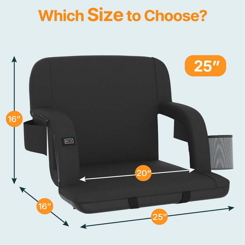 Siège chauffant pour stade avec support pour le dos, 3 niveaux de chaleur jusqu'à 150 ° F, fauteuil de gradin inclinable rembourré avec banc de puissance de 20 000 mah, siège pliant imperméable pour les sports et les événements extérieurs