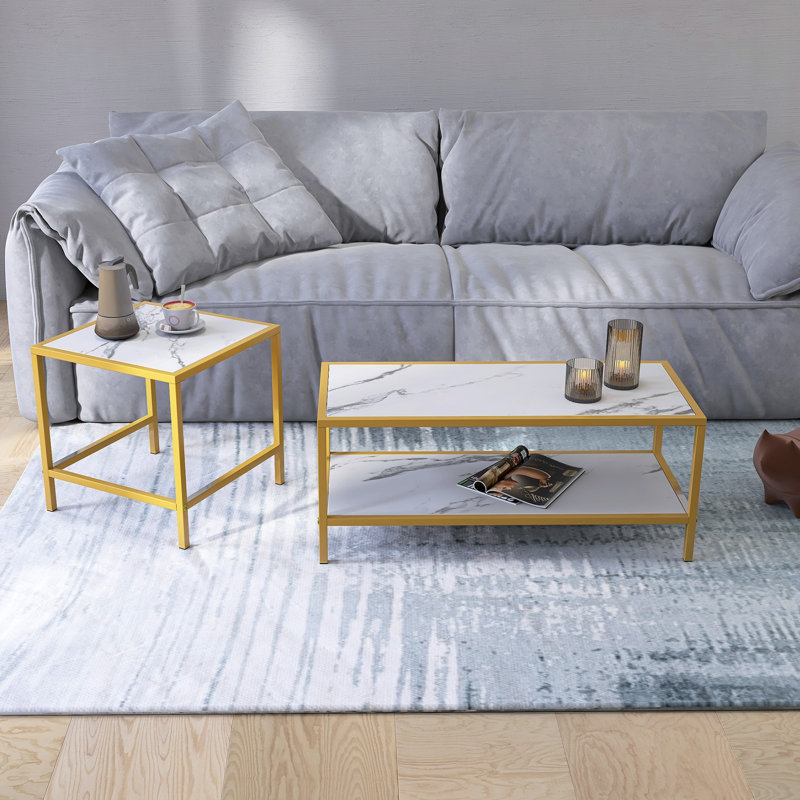Dewann 2 Piece Wooden Nesting Coffee Table, Golden
