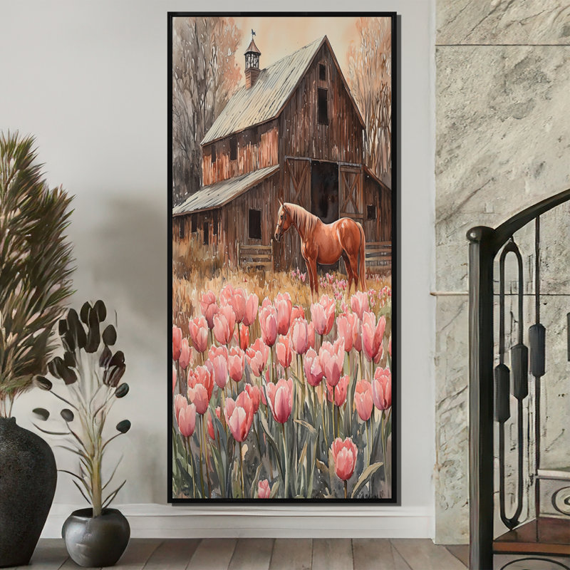Dondu, tulipes et chevaux par la grange II - tulipes, art mural, H 60 po x l 28 po, Reproduction avec cadre flottant, Noir