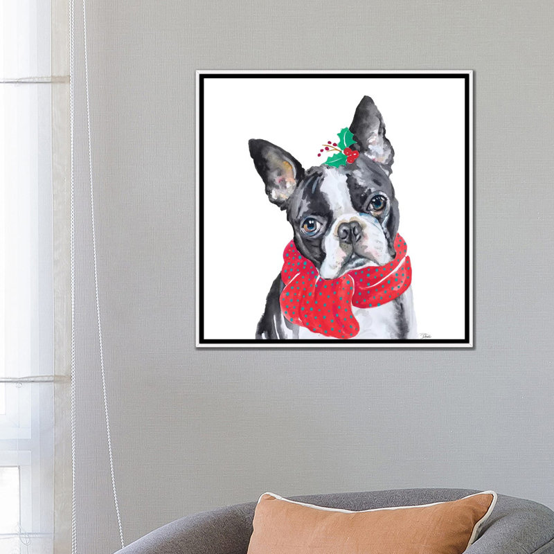 "Holiday Dog II" par Patricia Pinto, reproduction d’art, H 26 po x l 26 po x P 1,5 po, Toile blanche encadrée, Pas de tapis