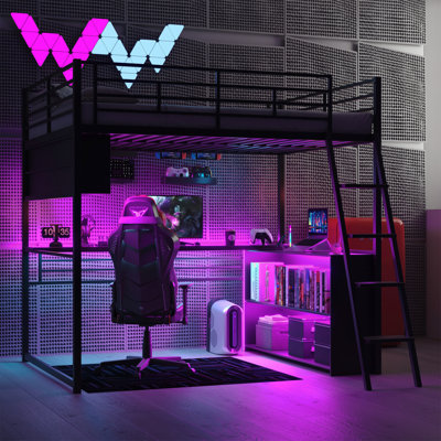 Lit mezzanine polyvalent en métal avec lumières DEL, bureau et tablettes de rangement, parfait pour les petits espaces