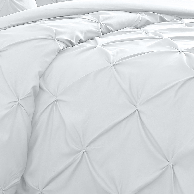  Luxurious Microfiber Pintuck Design Duvet Cover With Pillowcases , White, King Duvet Cover + 2 Standard Pillowcases