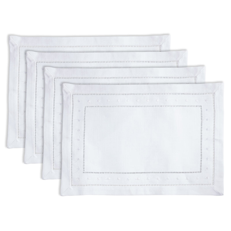 White Hemstitch Embroidered Polyester Rectangle Placemats, Set of 12