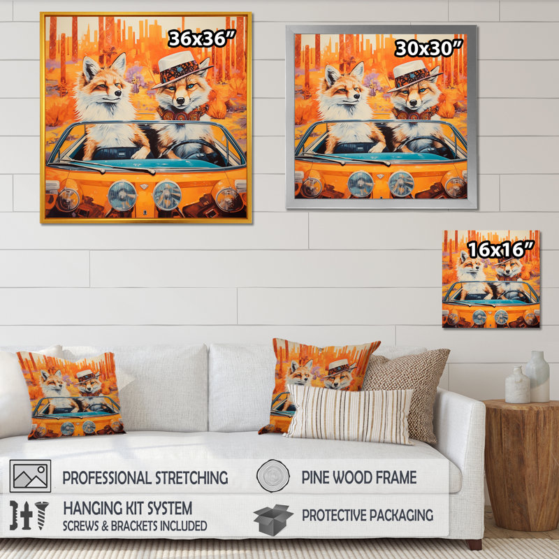 «Foxs aventureux au volant I», art mural animal, Cadre flottant doré, H 16 po x l 16 po x P 1 po