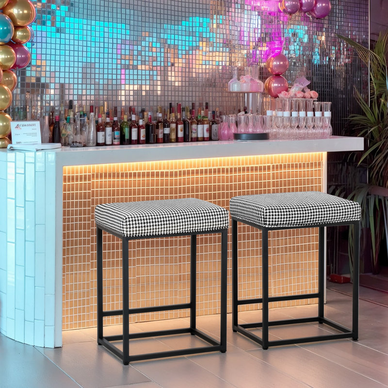 Tabourets de bar (ensemble de 2), Noir / pied-de-poule blanc, 2