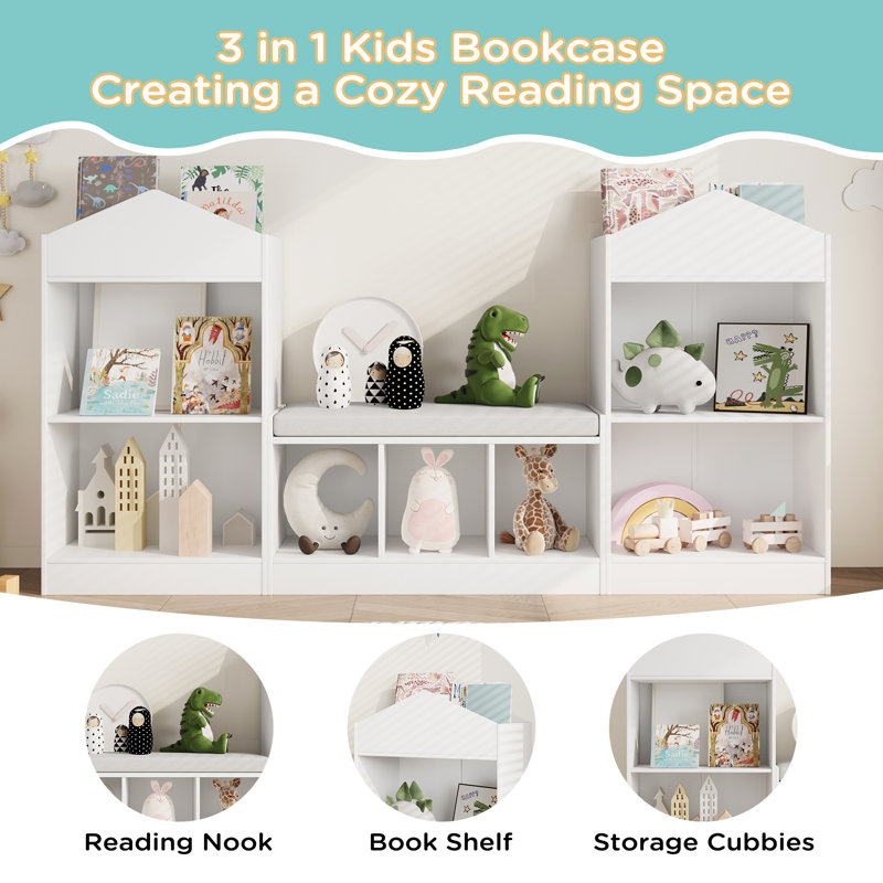 68.9“ Kids Bookshelf With Reading Nook, Toy Storage Organizer With Seat Cushion And 7 Storage Cubbies, Wooden Kids Bookcase, Toy Organizers And Storage For Nursery, Playroom, White