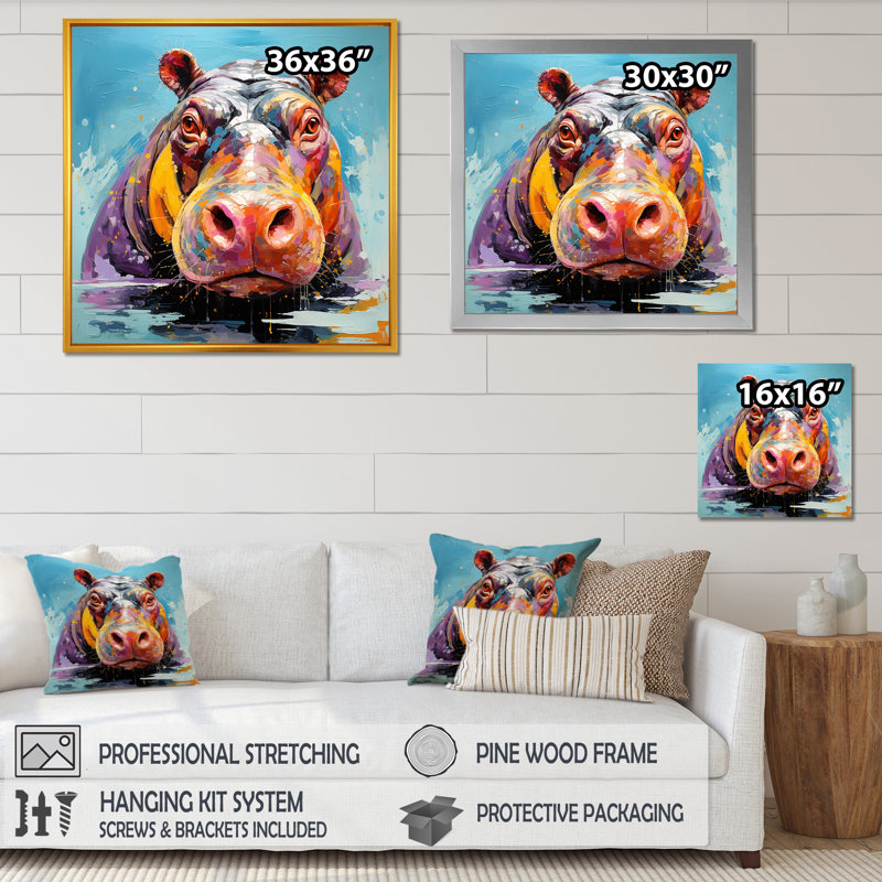 «Blue Colorful Hippo Harmony - Hippopotamus», reproduction d'art sur toile encadrée, Cadre simple noir