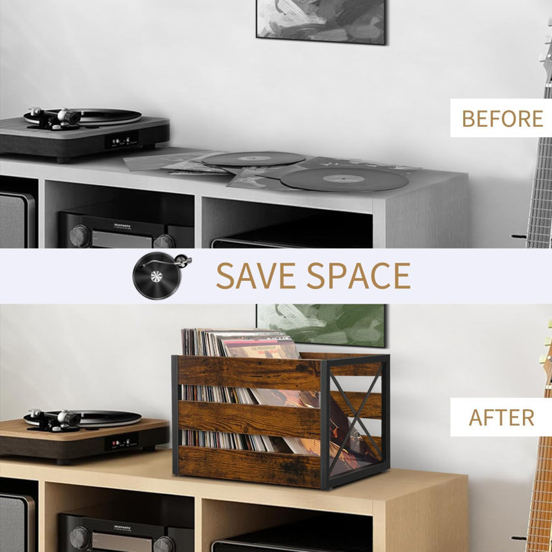 Caisse de rangement pour disques vinyles de grande capacité avec design rétro, fabrication robuste en métal et en bois, pouvant contenir plus de 80 disques, organisateur polyvalent pour les albums, les livres et plus encore