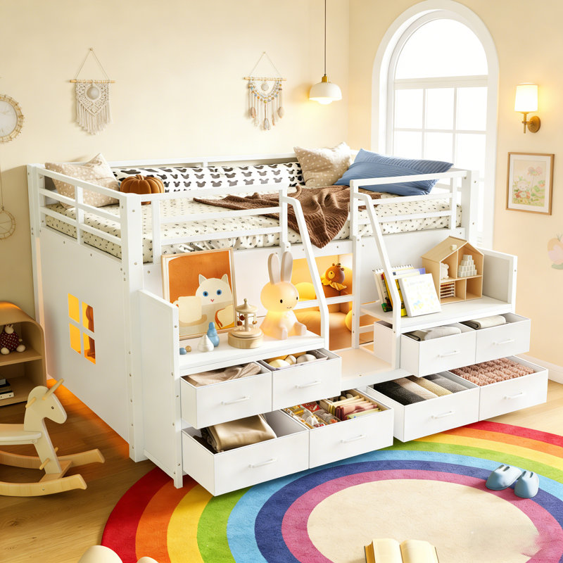 Twin Size Low Loft Bed with Led Lights and Storage Drawers for Small Spaces, Kids Metal Loft Bed Frame with Shelves and Guardrails for Teens, No Box Spring Needed and Easy Assembly, Light White