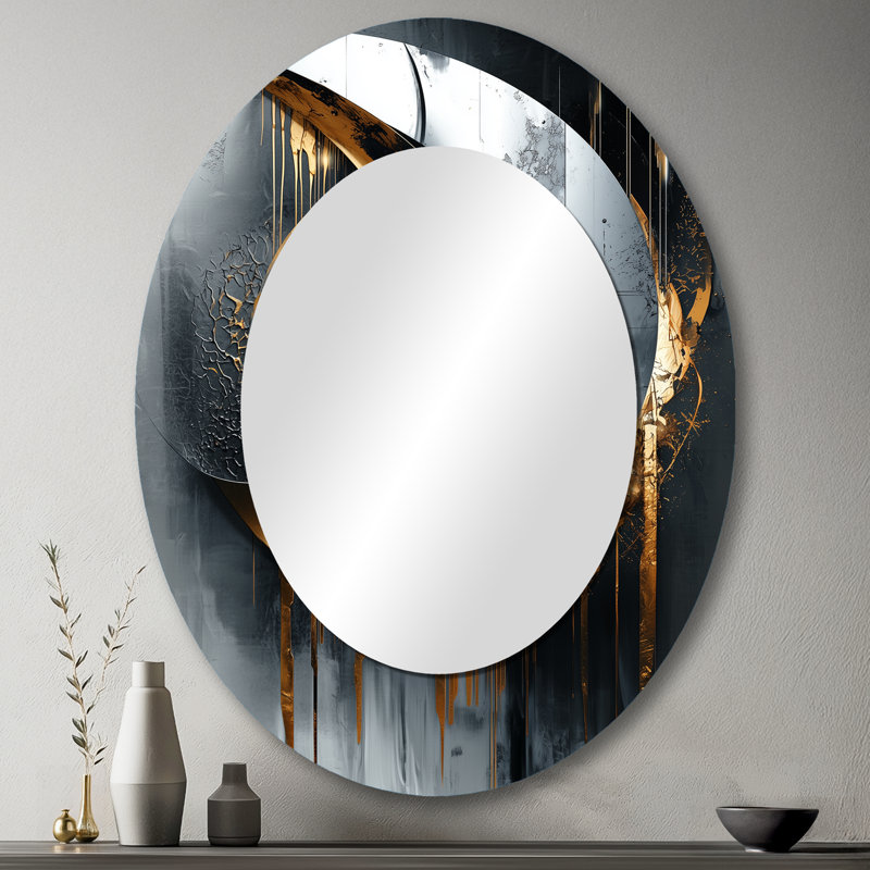 Noir et or abstrait formes et lignes II - miroir mural ovale moderne, 43 po x 33 po
