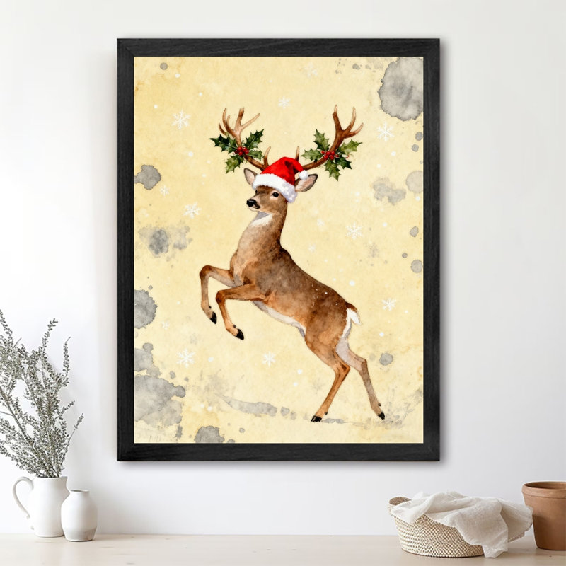 Renne de Noël rétro encadré noir portant un chapeau de père Noël, impression d'art de style rétro, H 37 po x l 25 po