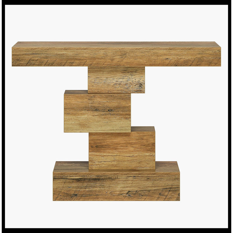 42" Console Table, Wood Sofa Table Accent Table With Geometric Base, Light Brown