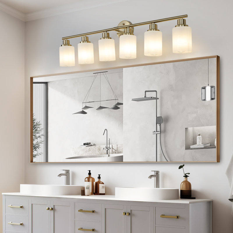 Golden Bathroom Vanity Lighting Fixture, 6-, Frosted Glass Shades, Modern Wall Mount , Mounted Design, Gold, 6