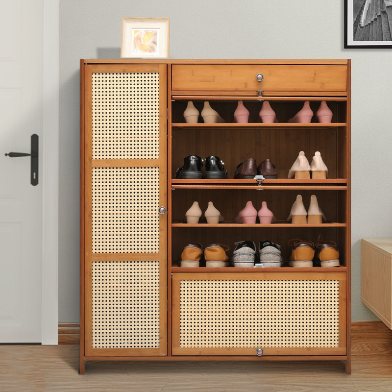 Armoire à chaussures en bambou à 6 couches avec portes en rotin et rangement à 28 paires