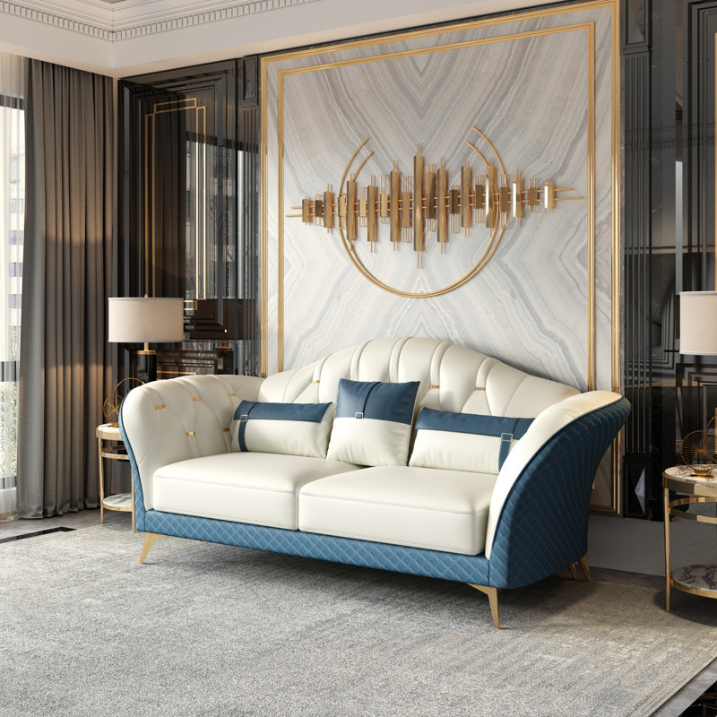 Amalia Sofa, White/Blue Genuine Leather